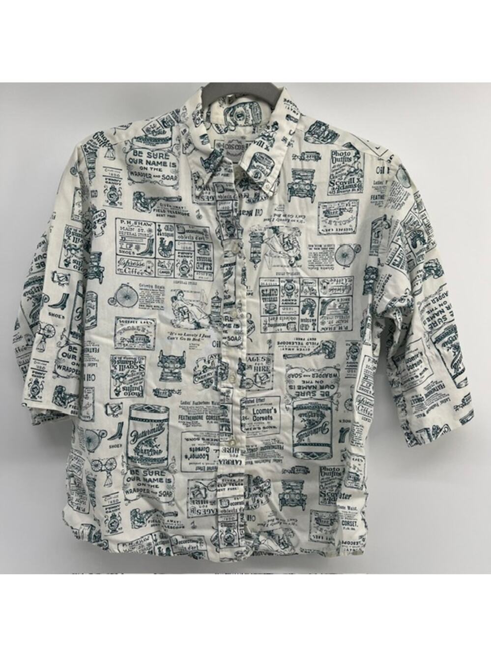 VTG Cos Cob Novelty Print Button Down Shirt Womens S/M Advertisements Green 70s
